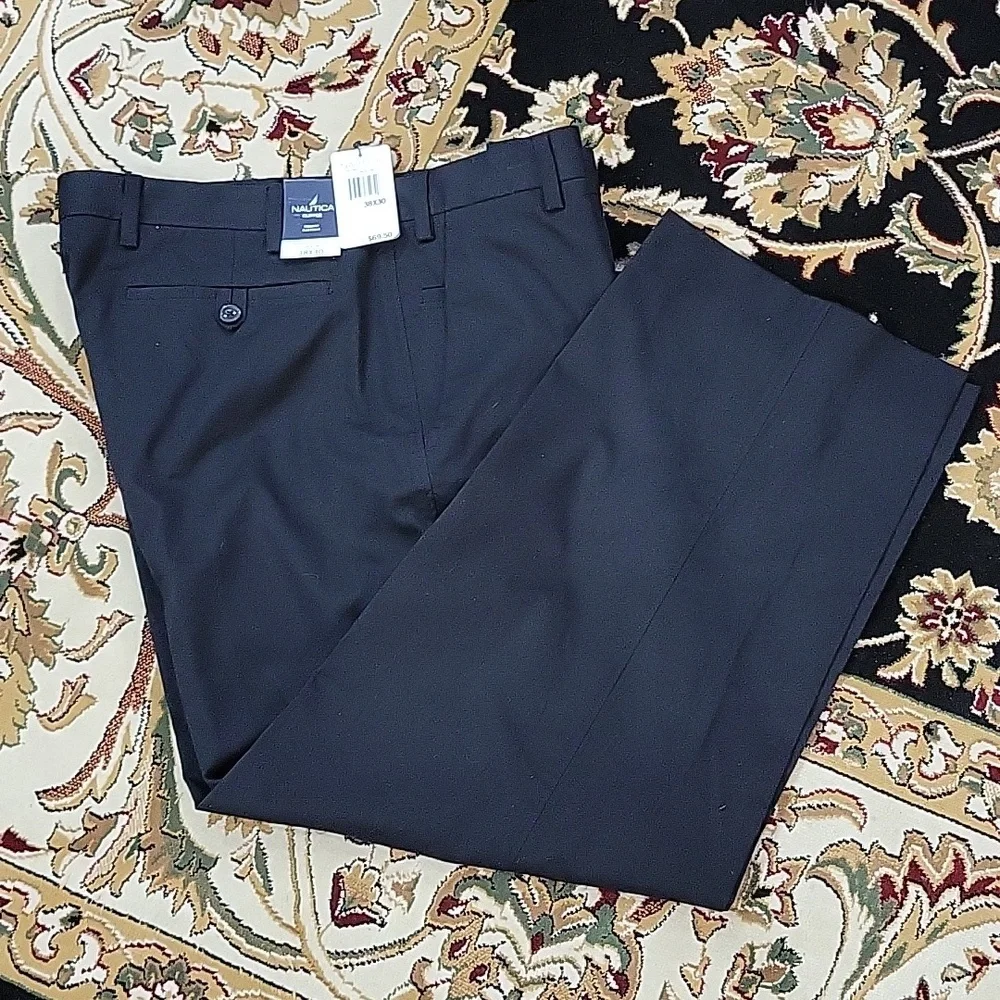 Nautica Clipper relax fit flat front black dress pants 38x27 NEW w/tag